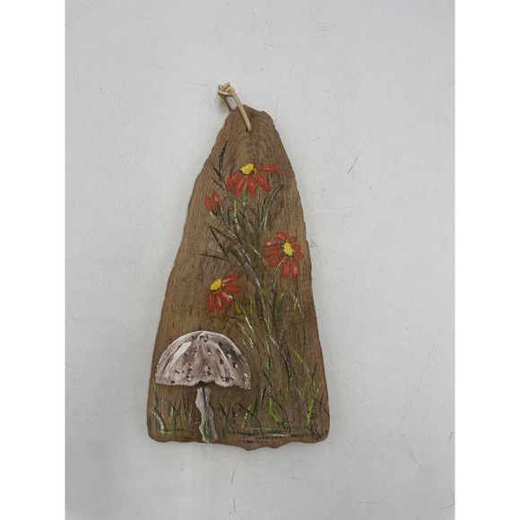 Hand painted driftwood signed mushroom floral kitschy decor MCM rustic - Picture 1 of 5